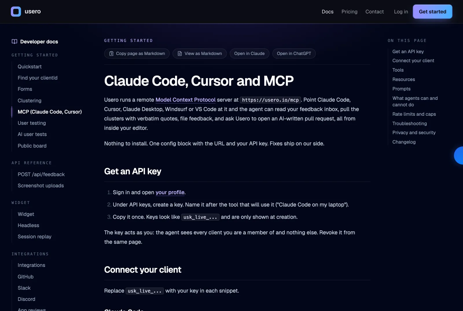 The Usero MCP docs page showing the server URL, the API key steps and the start of the per-client config snippets